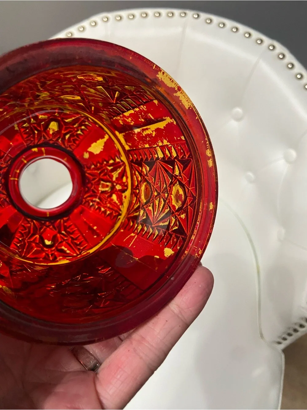 Vintage INDIANA GLASS Fairy Lamp Ruby Flash Red over Amber STARS & BARS - Picture 11 of 17